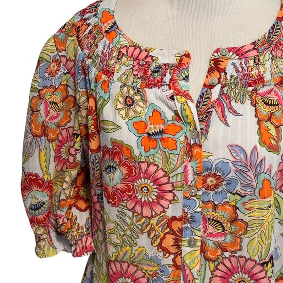 Rose & Olive Floral Puff Sleeve Top Womens 2X Multicolor Button Up Bold Peasant - Picture 3 of 10